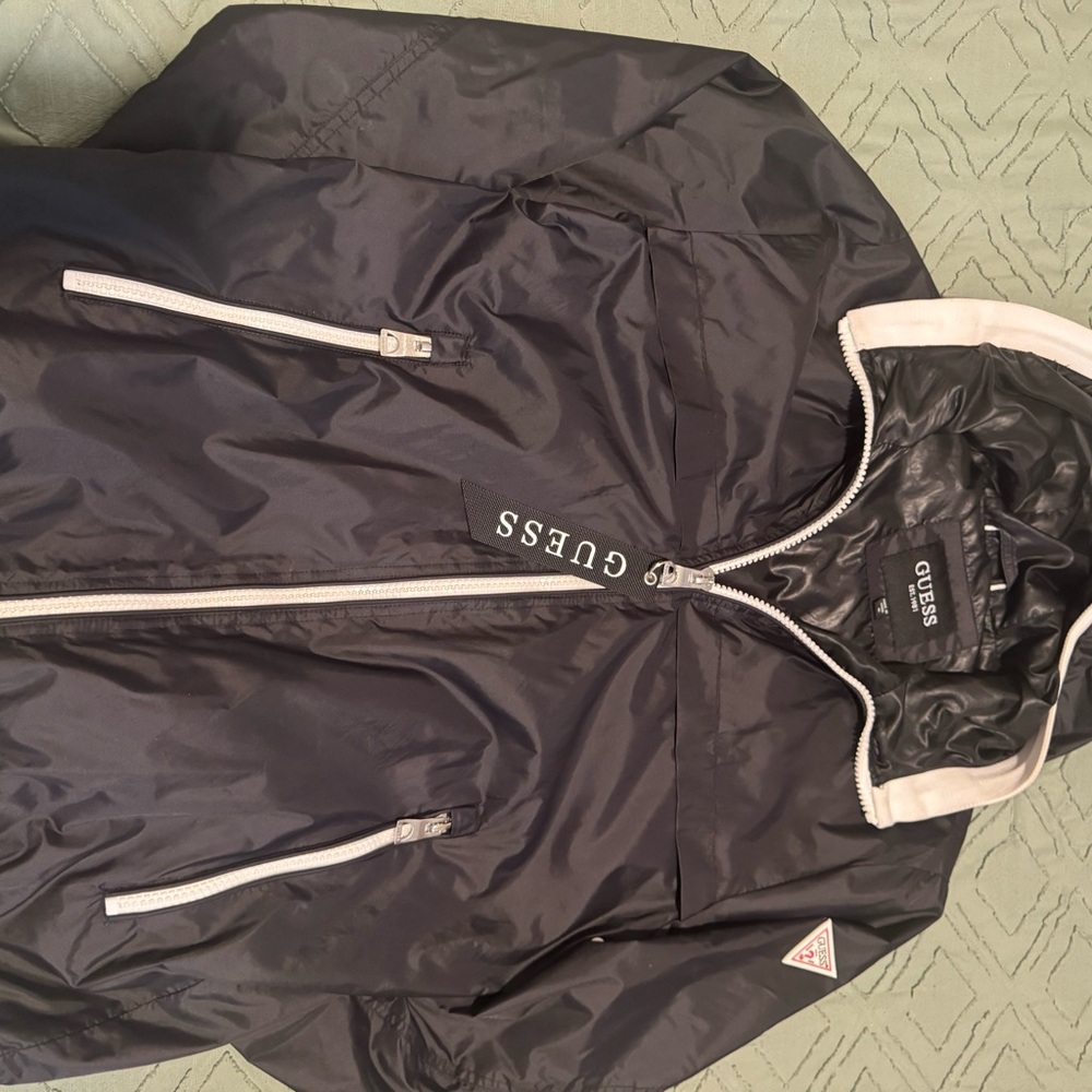 GUESS Men's Navy Windbreaker with White Accents
